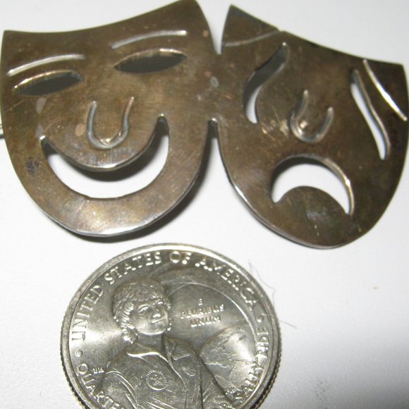 Genuine Silver Thespian Comedy/Tragedy Mask Pin - Picture 1 of 5